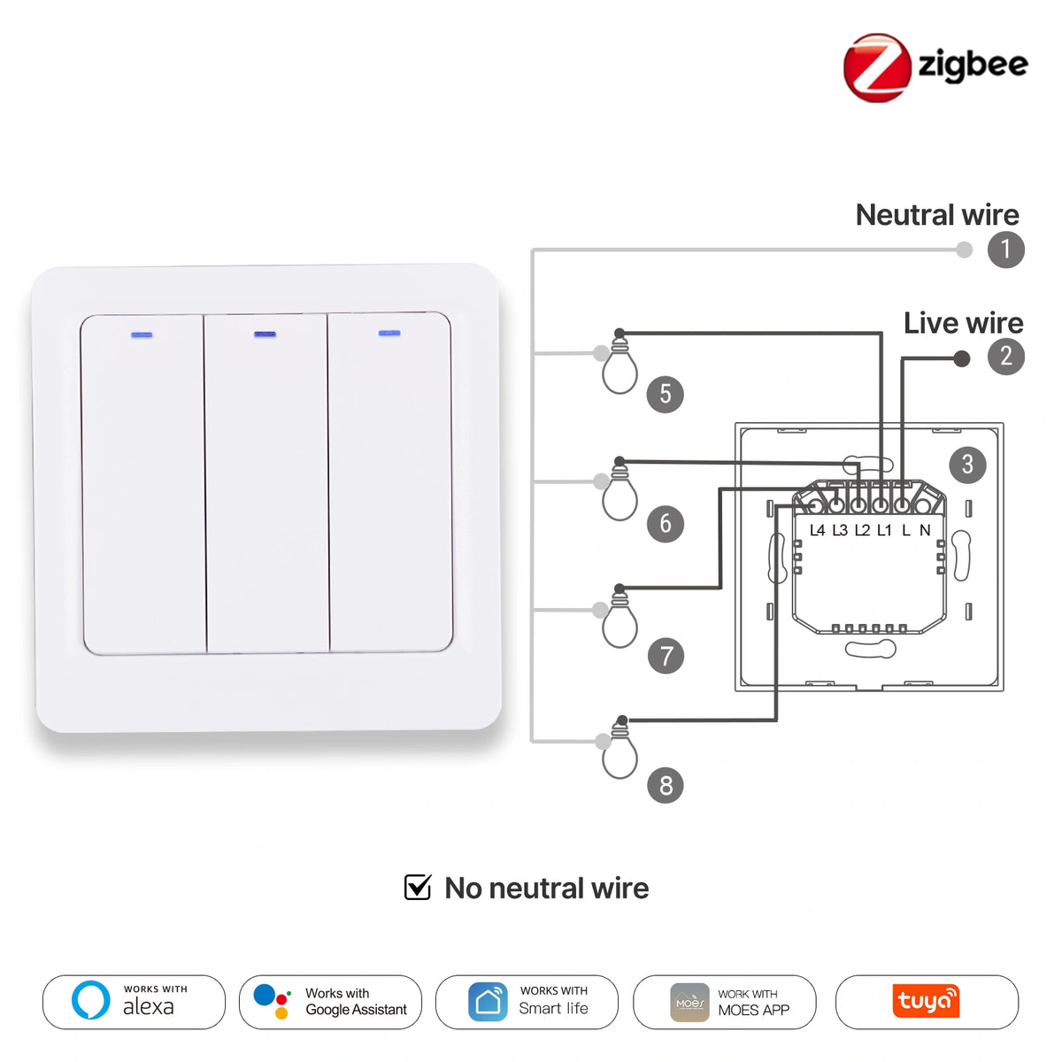 MOES ZigBee Smart Light Switch, Neutral & No-Neutral Wire Alexa & Google Home Compatible EU Version