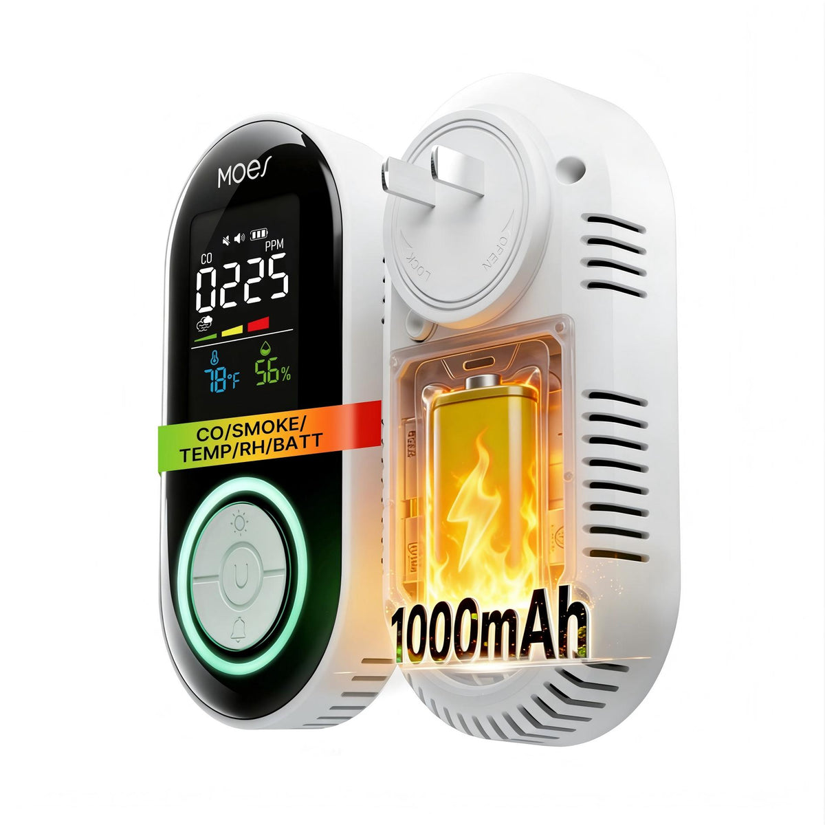 Detector de humo y monóxido de carbono enchufable 4 en 1 de 2.ª generación con batería de respaldo, pantalla LCD de temperatura y humedad (no inteligente)