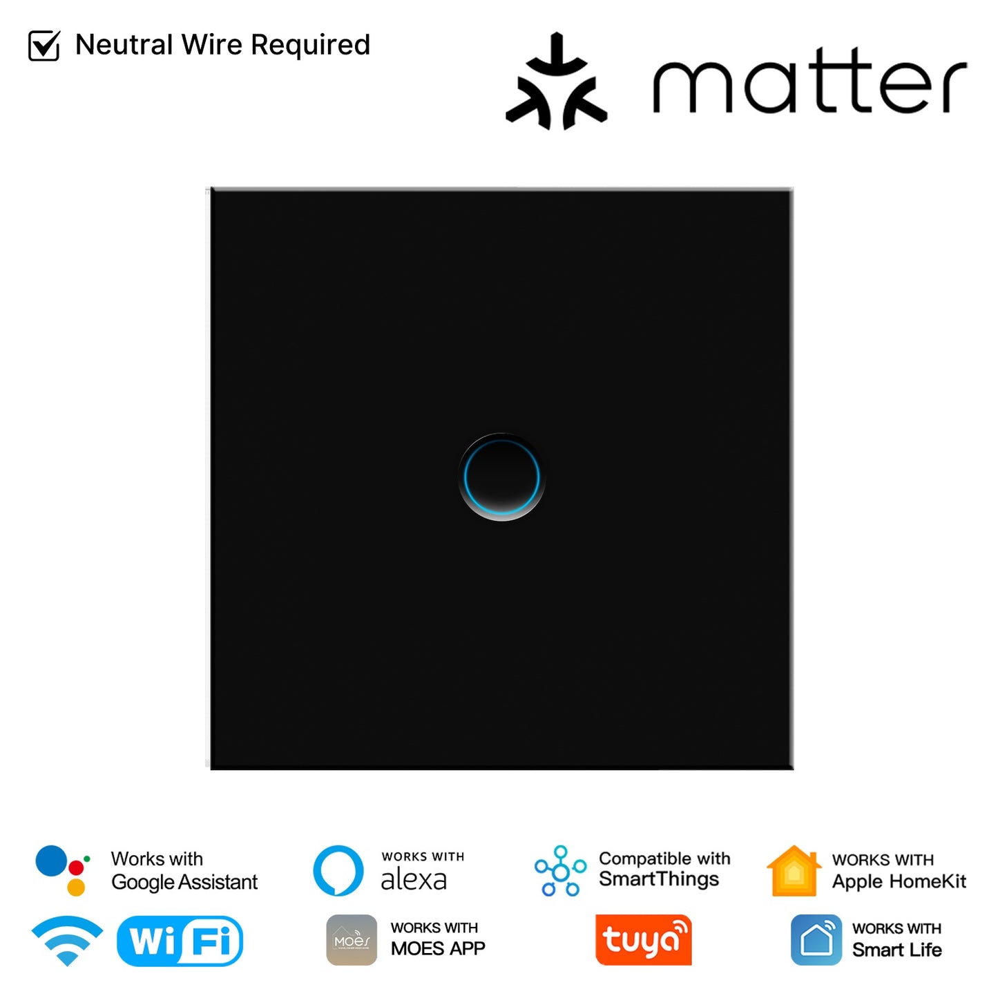 Smart Matter WiFi  Light Switch Concave Glass Panel Neutral Wire Required EU Version