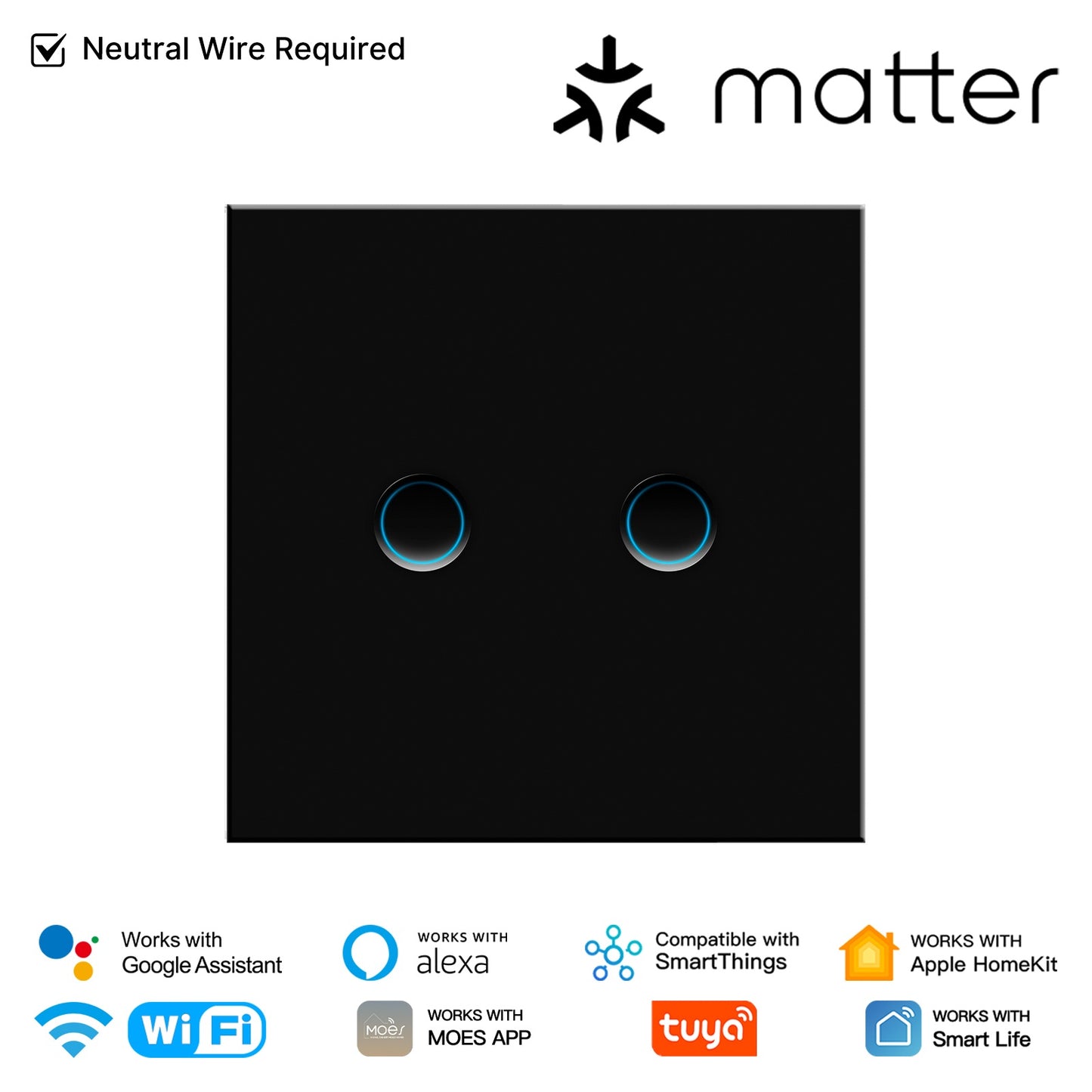 Smart Matter WiFi  Light Switch Concave Glass Panel Neutral Wire Required EU Version