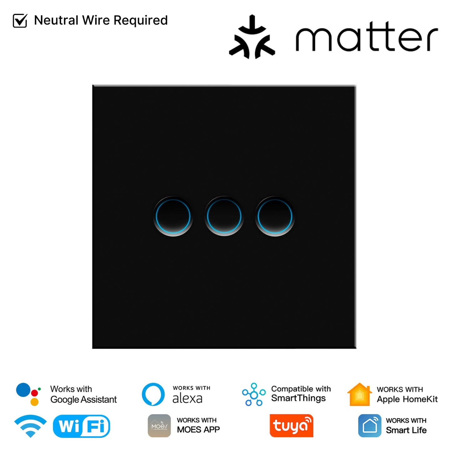 Smart Matter WiFi  Light Switch Concave Glass Panel Neutral Wire Required EU Version