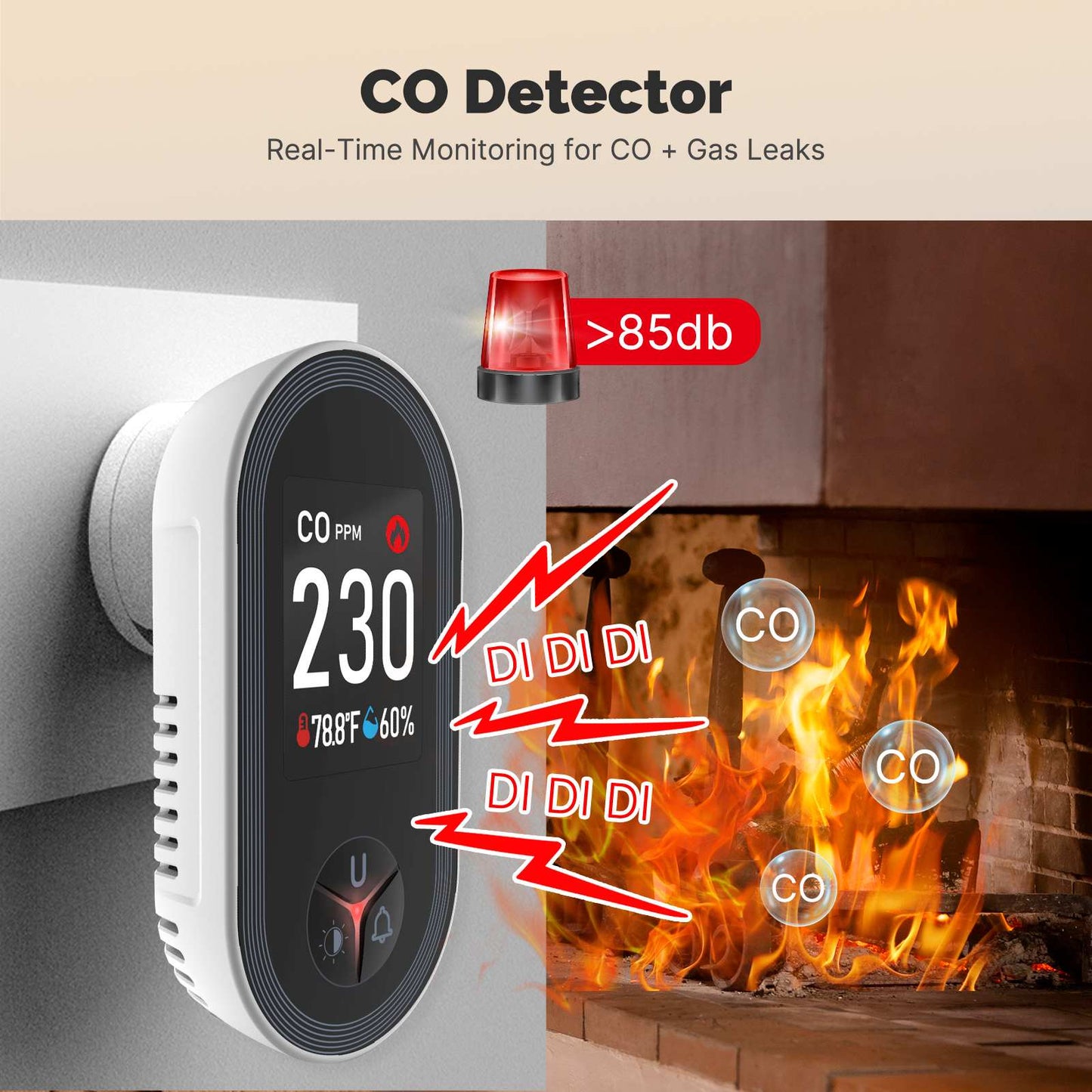 Carbon Monoxide Detector Plug-in 3-in-1 Display with Temperature Humidity Sensor Built-in CO Monitor Alarm Sound Warning