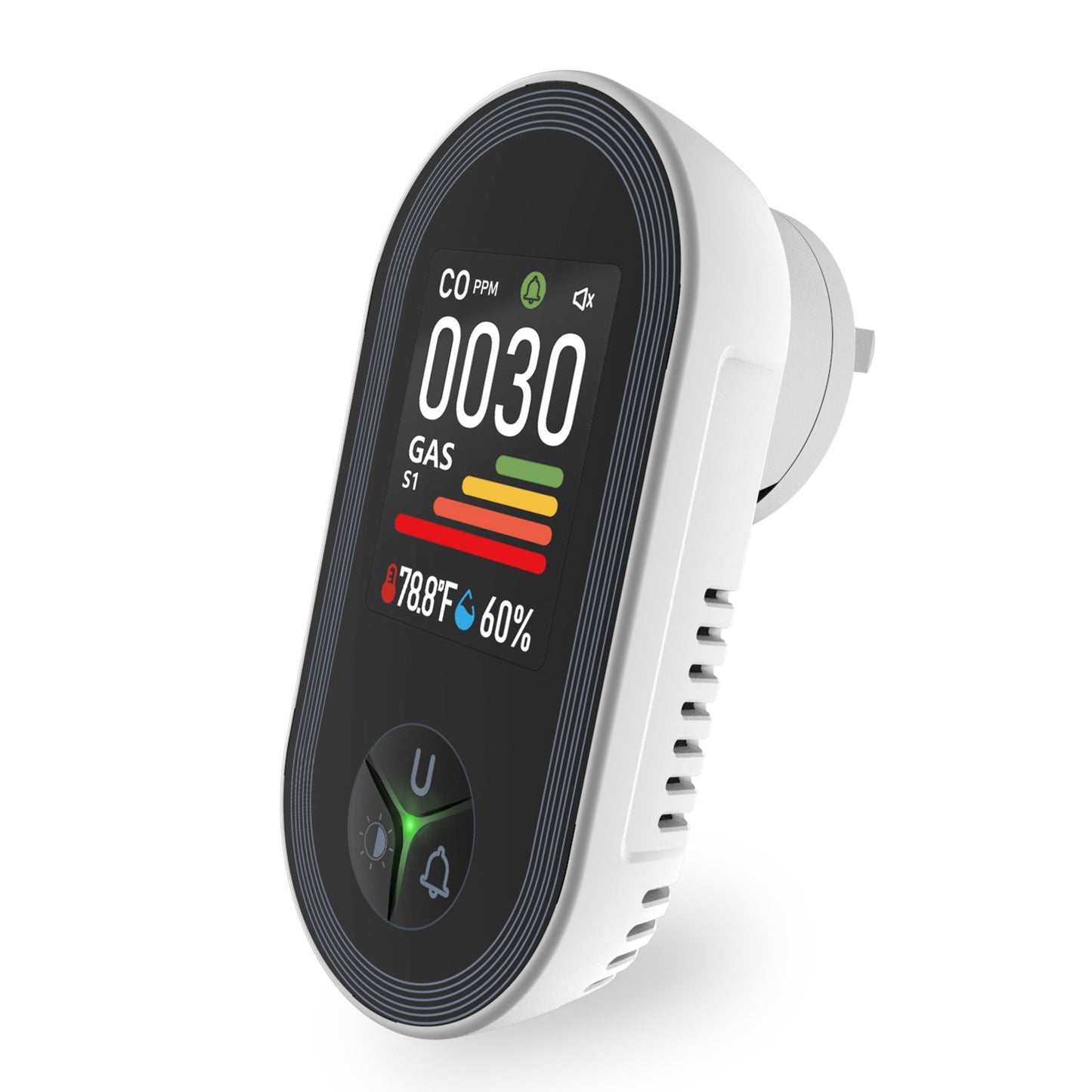 Carbon Monoxide & Natural Gas Detector Plug in, 4 in 1 Temperature Humidity Sensor Built-in Alarm Sound Warning