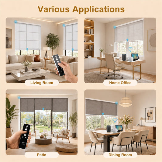 A four-panel promotional graphic showing a remote-controlled window shade system in use across different interior spaces: a living room, a home office, a patio, and a dining room. The panels include a hand holding a black remote in two of the scenes and label the settings with text such as Living Room, Home Office, Patio, and Dining Room.