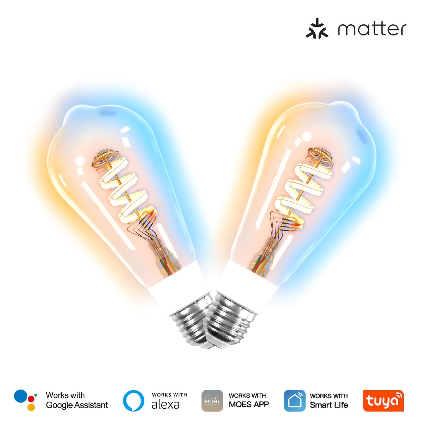 Bombillas de luz LED Matter WiFi E27 Smart Edison, 16 millones de colores RGB cambiantes, regulables de 2700K a 6500K