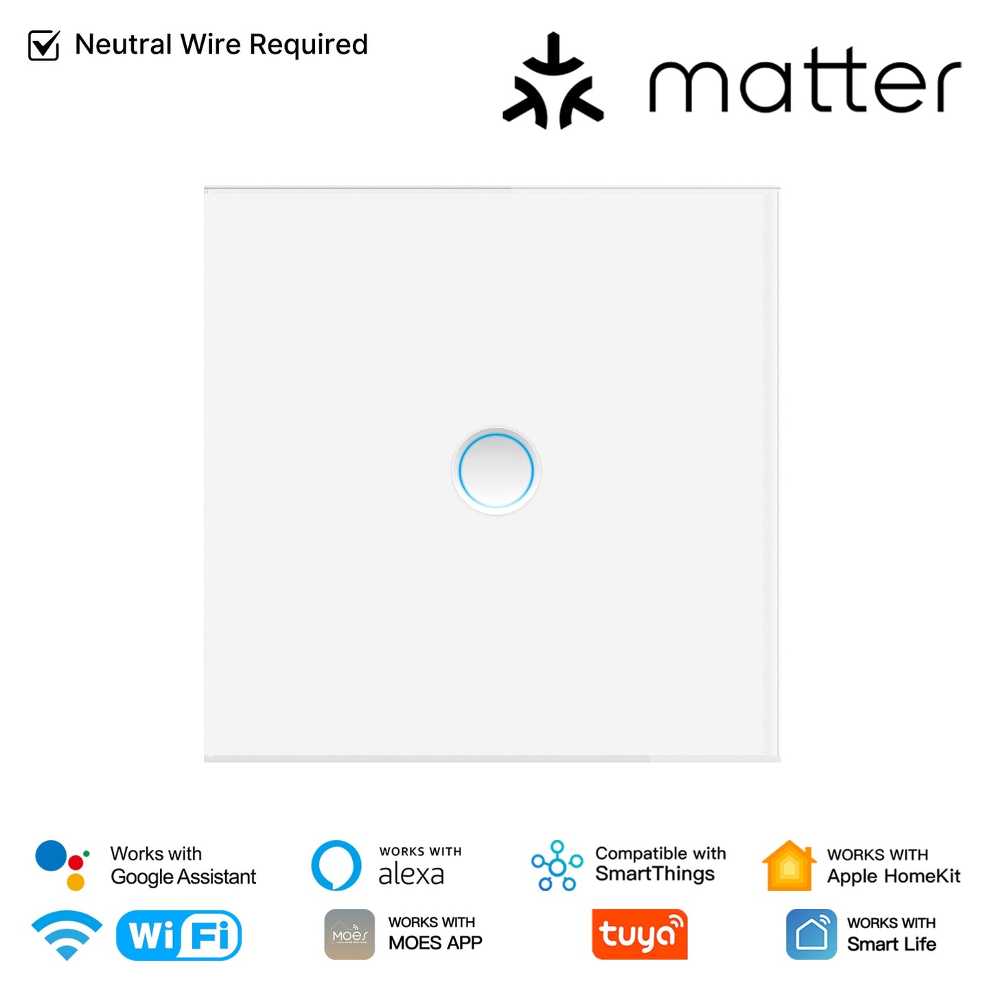 Smart Matter WiFi  Light Switch Concave Glass Panel Neutral Wire Required EU Version