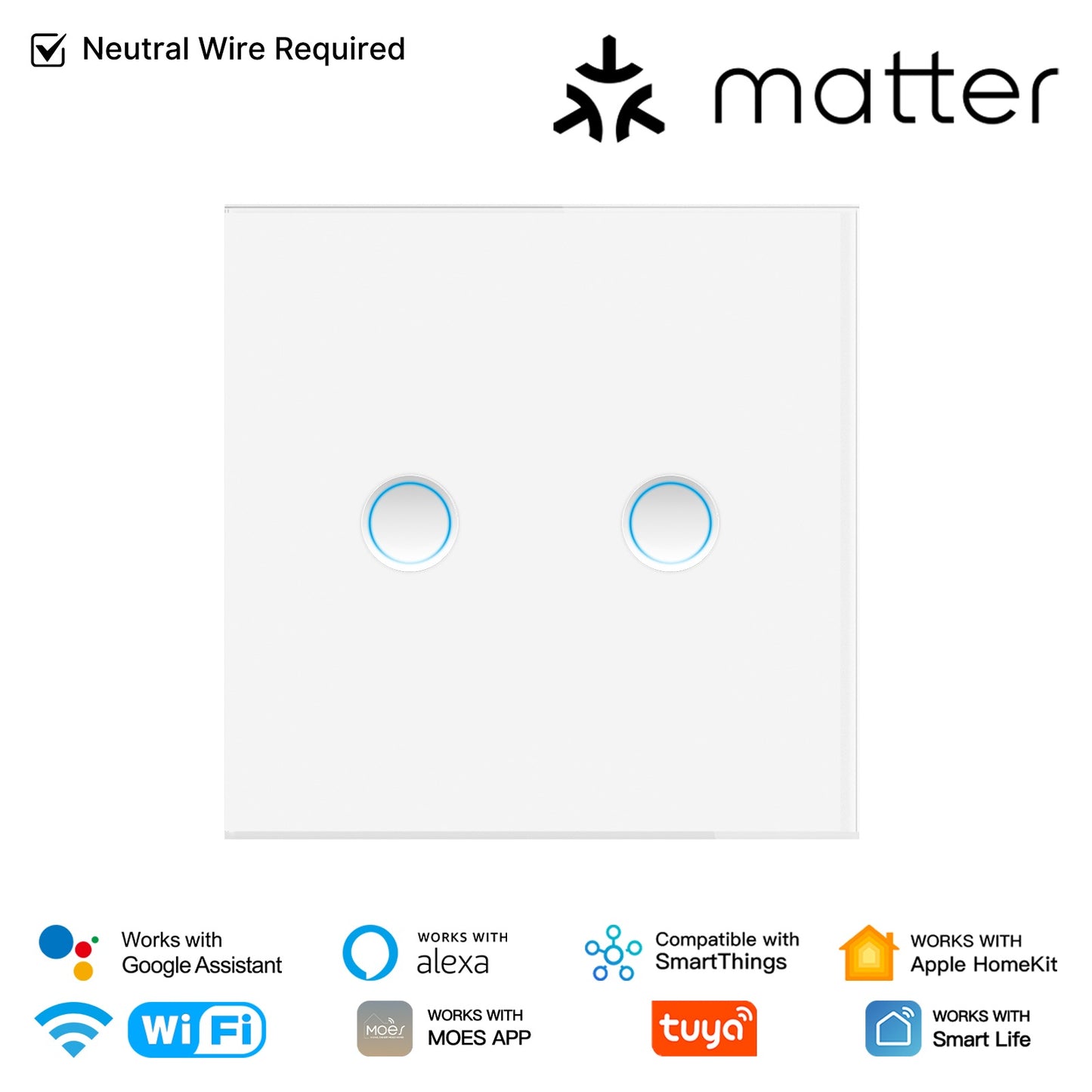 Smart Matter WiFi  Light Switch Concave Glass Panel Neutral Wire Required EU Version