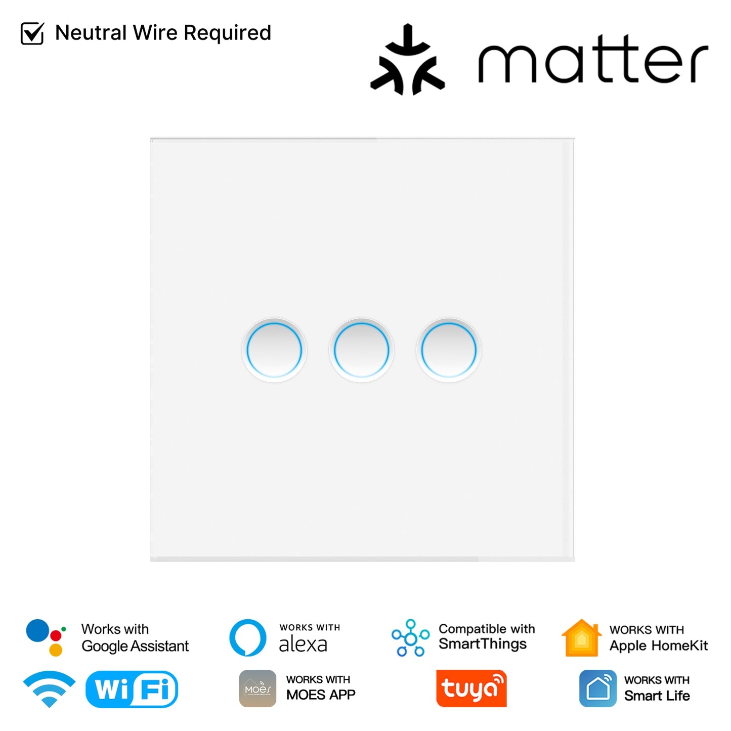 Smart Matter WiFi  Light Switch Concave Glass Panel Neutral Wire Required EU Version