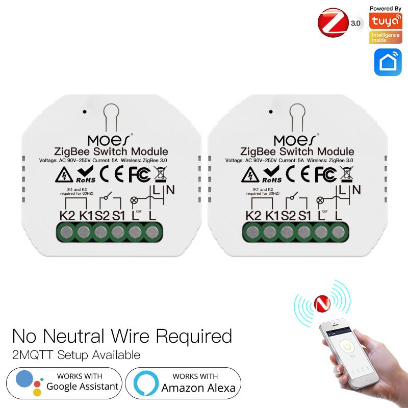 2MQTT Tuya ZigBee Smart Light Switch Module No Neutral Wire Single Fire Smart Life App Control Works with Alexa Google Home - Moes
