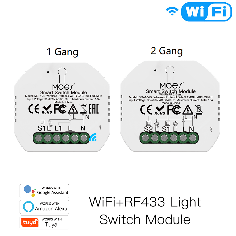 MoesGo Interruptor inteligente WiFi RF433 de 2ª generación de pared táctil  inteligente, no necesita cable neutro, compatible con Smart Life/Tuya App