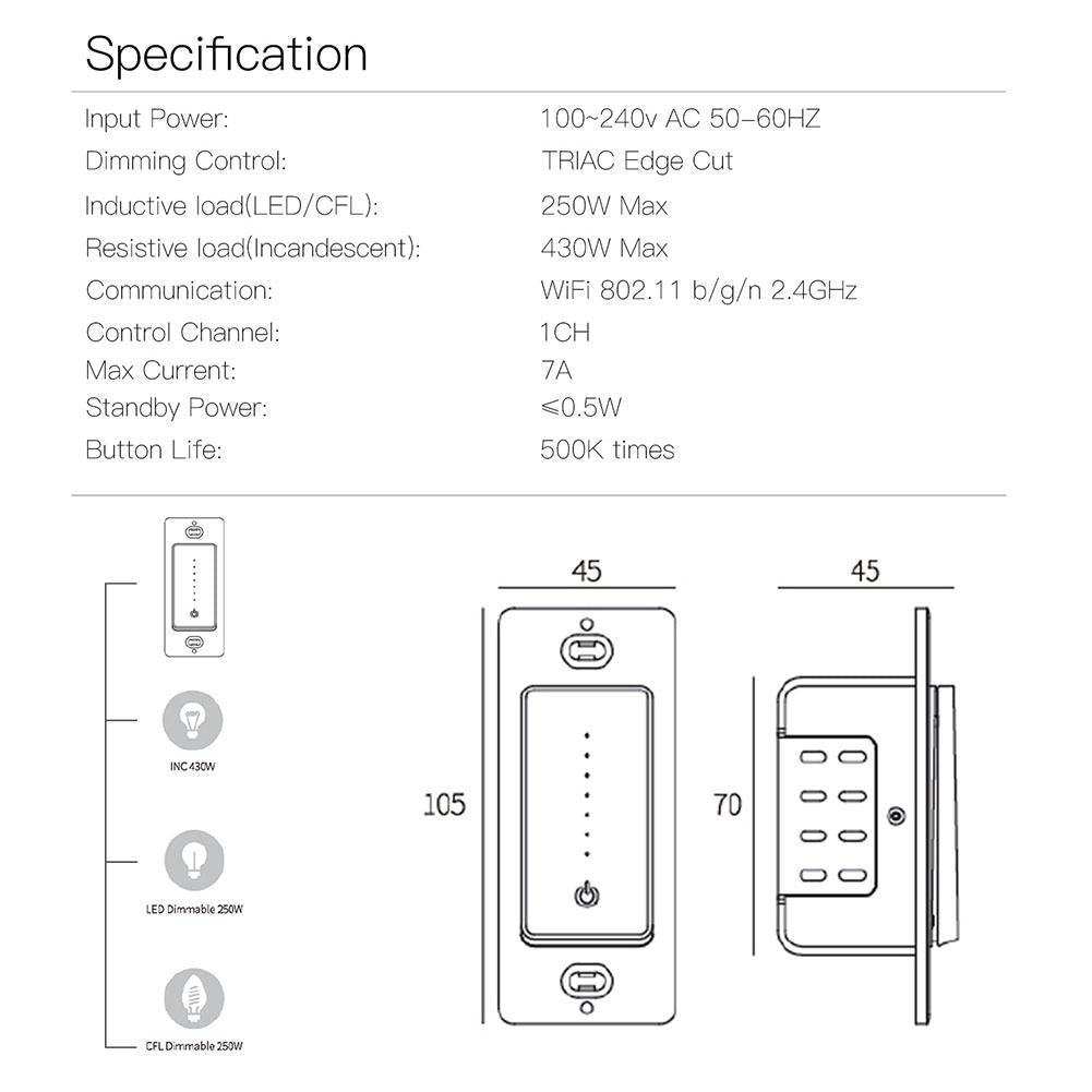 Snow Rock Series Single Pole/3 Way Smart Dimmer Switch Replace One Switch Only to Multi-control - Moes