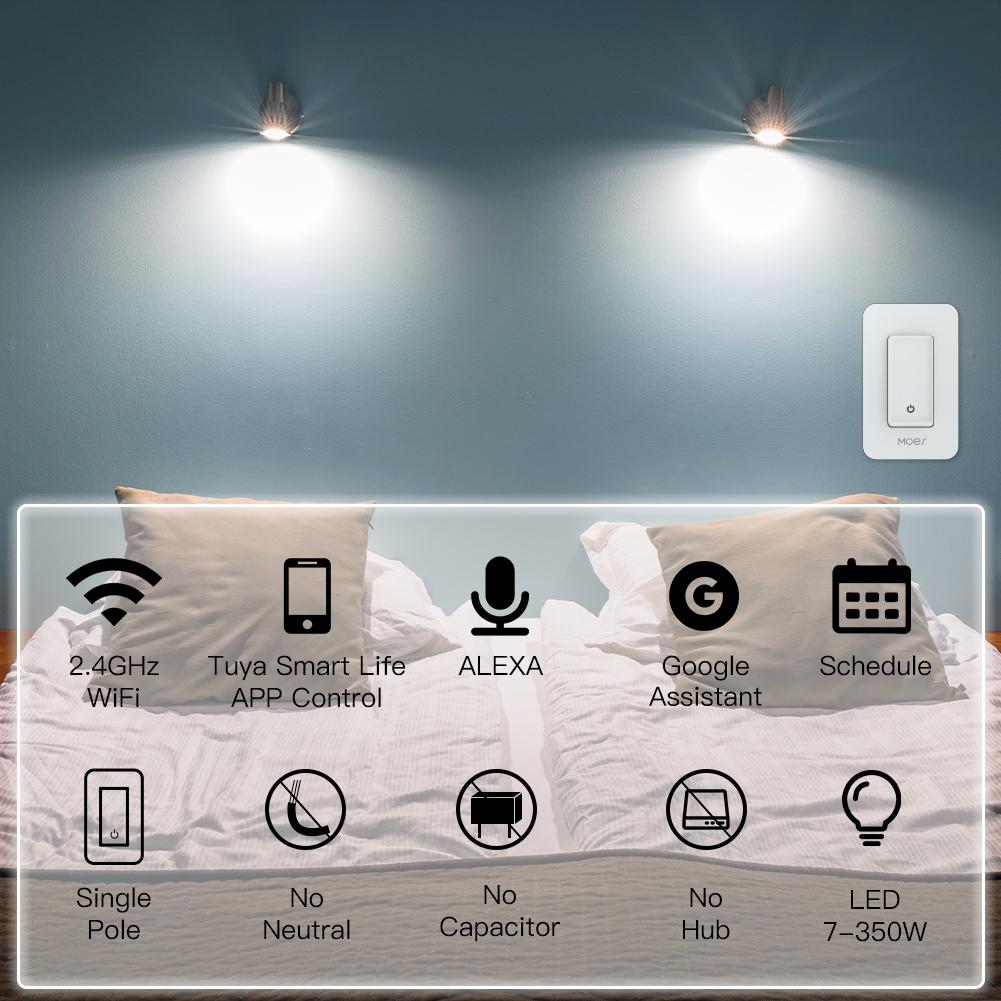 WiFi Smart Light Switch No Neutral Wire,No Capacitor,No hub Required Single Live Wire Push Button,Tuya Smart Life App Remote Control Work with Alexa and Google Home Assistant,Minimum 7W,White - Moes