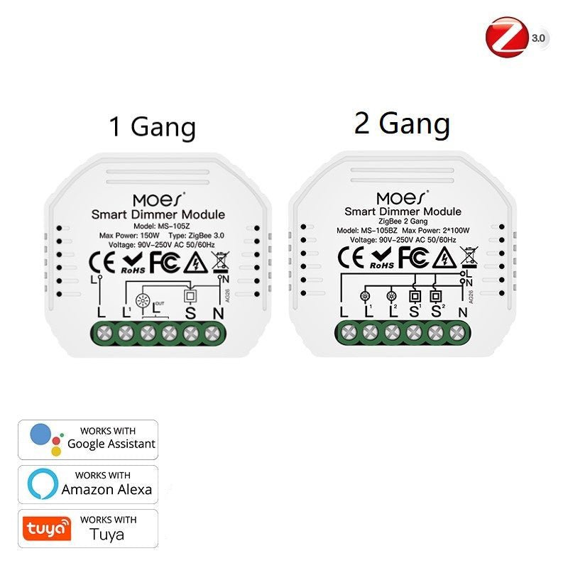 MOES ZigBee Smart Dimmer Switch Relay, 2 way Gang Interruptor