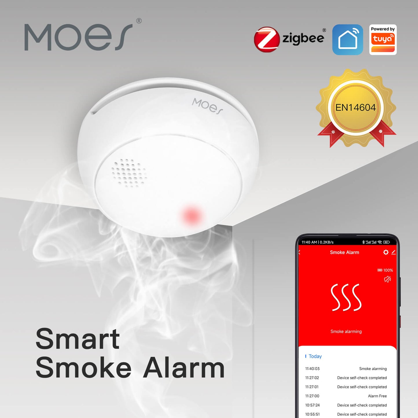 ZigBee Smart Wireless Smoke Detector Fire 85dB Sound Alarm Siren Sensor - MOES