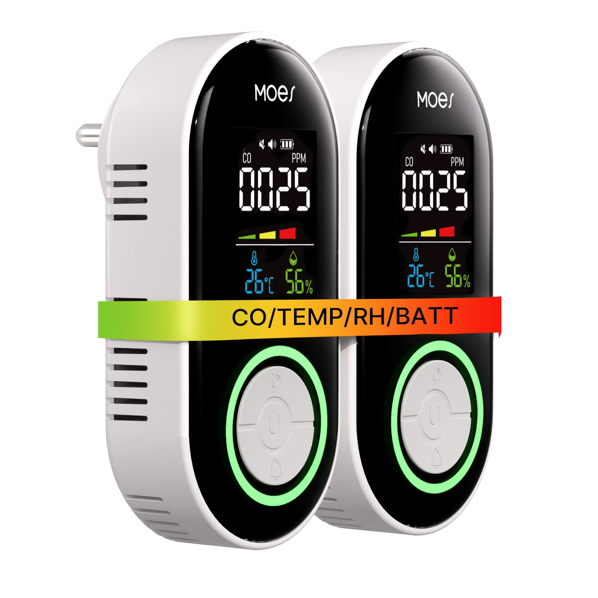 2nd Gen European Plug-in CO Detector with LED Display, Battery Backup, Temperature & Humidity Monitor 3-in-1 Carbon Monoxide Alarm (Non-Smart)