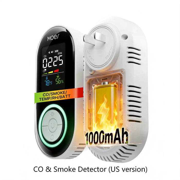 Detector de humo y monóxido de carbono enchufable 4 en 1 de 2.ª generación con batería de respaldo, pantalla LCD de temperatura y humedad (no inteligente)
