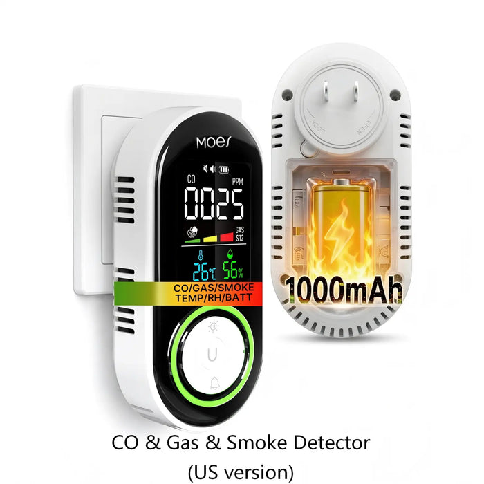 Detector de CO, gas y humo enchufable 5 en 1 con monitor LCD de temperatura y humedad, batería de respaldo (no inteligente)