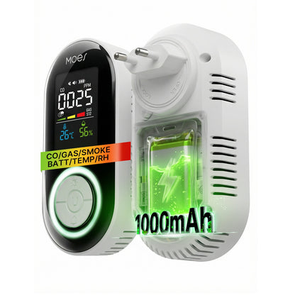 5-in-1 CO, Combustible Gas & Smoke Alarm with LCD Temperature Humidity Monitor, EU Plug, Battery Backup(Non-Smart)