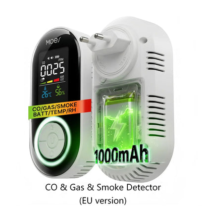 5-in-1 CO, Combustible Gas & Smoke Alarm with LCD Temperature Humidity Monitor, EU Plug, Battery Backup(Non-Smart)