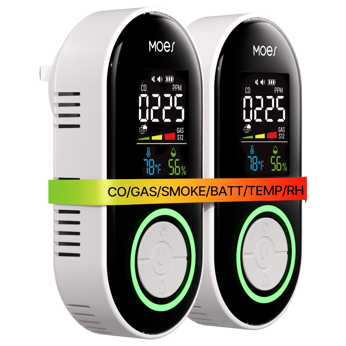 5-in-1 Plug-in CO Gas & Smoke Detector with LCD Temp Humidity Monitor, Battery Backup