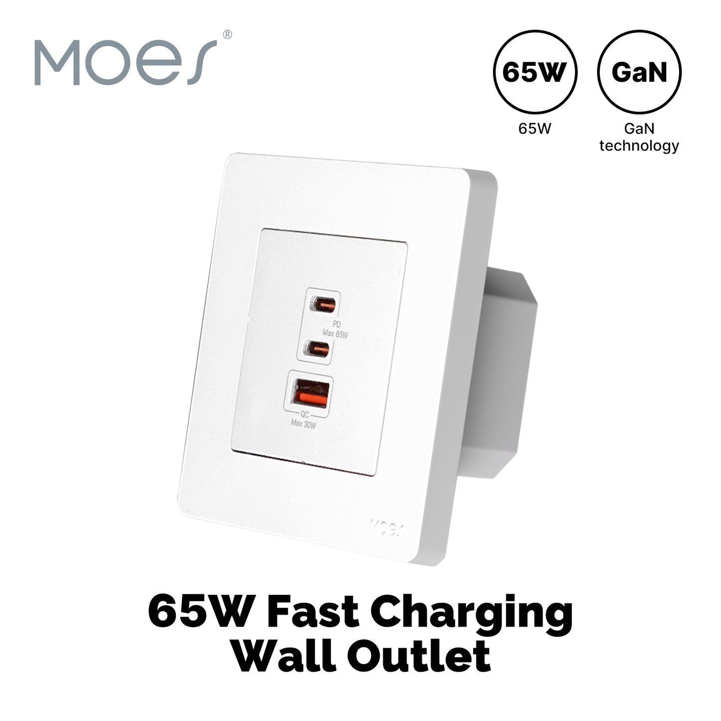 Star Ring 30W/65W Fast Charging PD3.0 Wall Electrical Outlet Charger GaN Socket 3 Ports Type C USB A