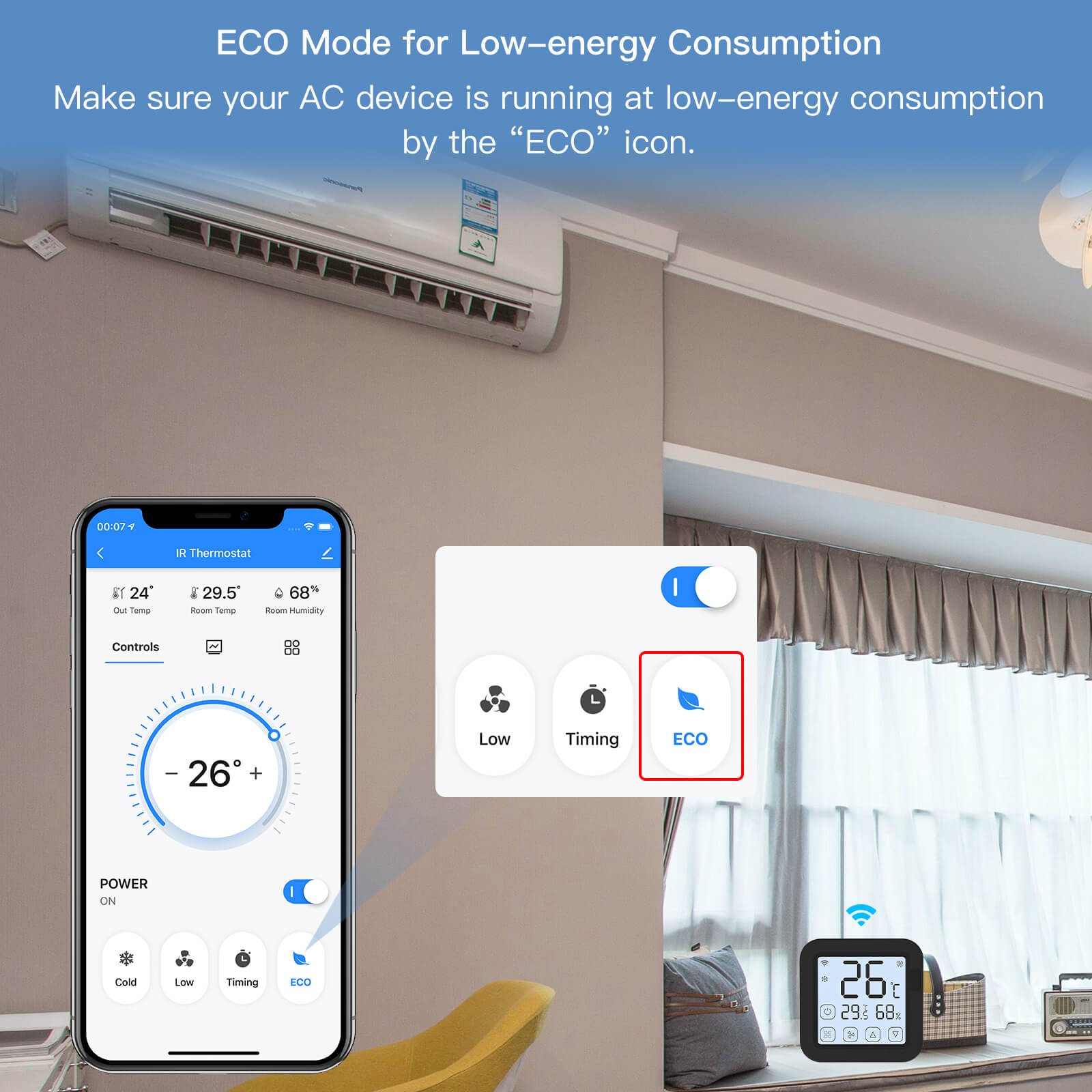 Smart WiFi IR Air Conditioner Controller Thermostat with LCD Display App Control Temperature Humidity Sensor Monitor Compatible with Home for Split
