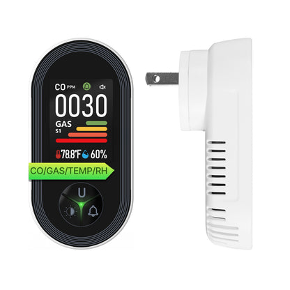 Carbon Monoxide & Natural Gas Detector Plug in, 4 in 1 Temperature Humidity Sensor Built-in Alarm Sound Warning