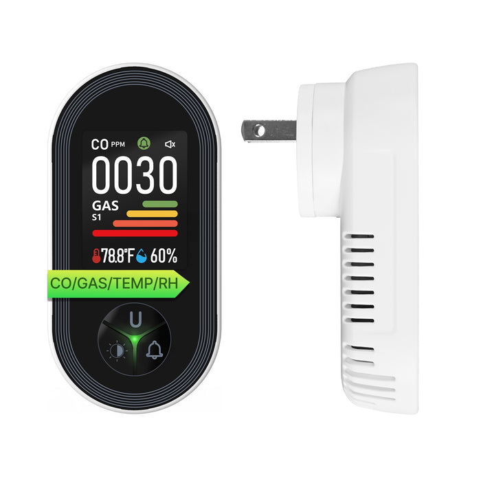 Carbon Monoxide & Natural Gas Detector Plug in, 4 in 1 Temperature Humidity Sensor Built-in Alarm Sound Warning