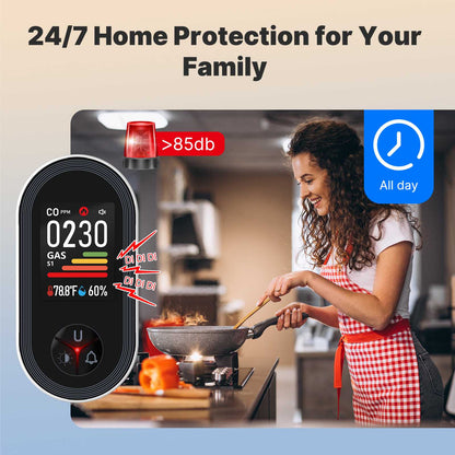 Carbon Monoxide & Natural Gas Detector Plug in, 4 in 1 Temperature Humidity Sensor Built-in Alarm Sound Warning
