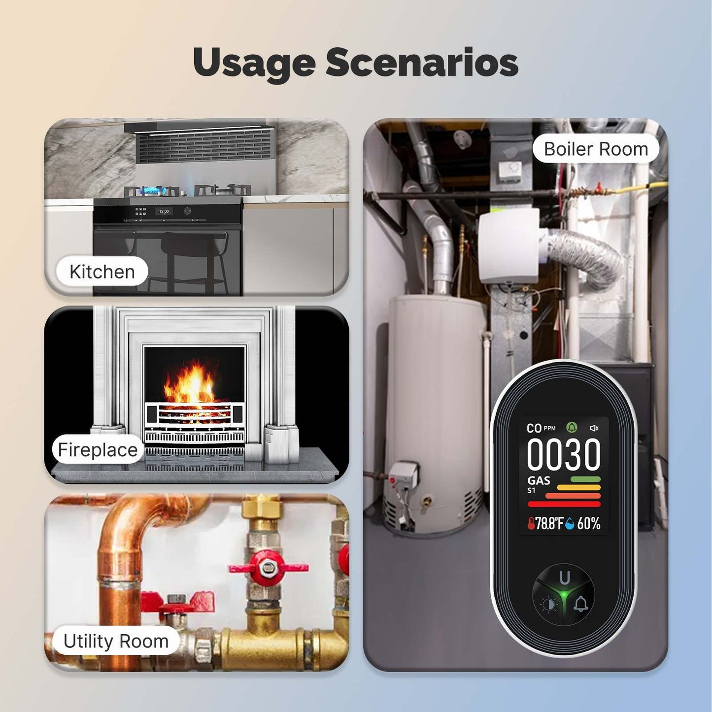 Carbon Monoxide & Natural Gas Detector Plug in, 4 in 1 Temperature Humidity Sensor Built-in Alarm Sound Warning
