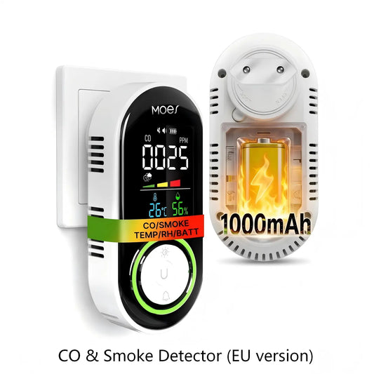 2nd Gen 4-in-1 EU Plug Smoke & CO Alarm with Rechargeable Battery, Color LCD Temperature & Humidity Monitor (Non-Smart)