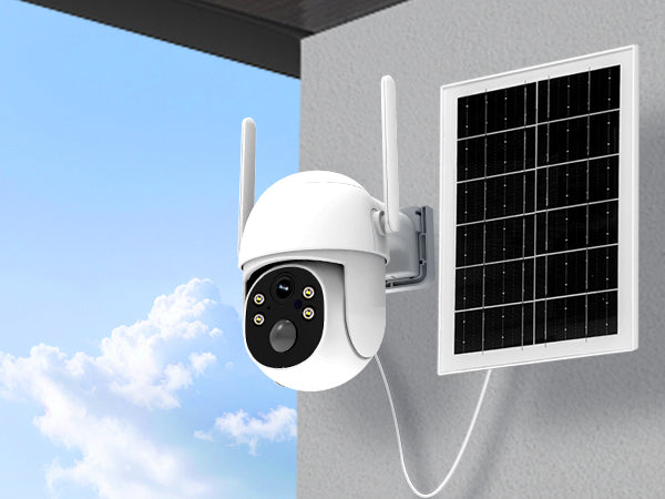 Outdoor security camera with solar panel on a building exterior
