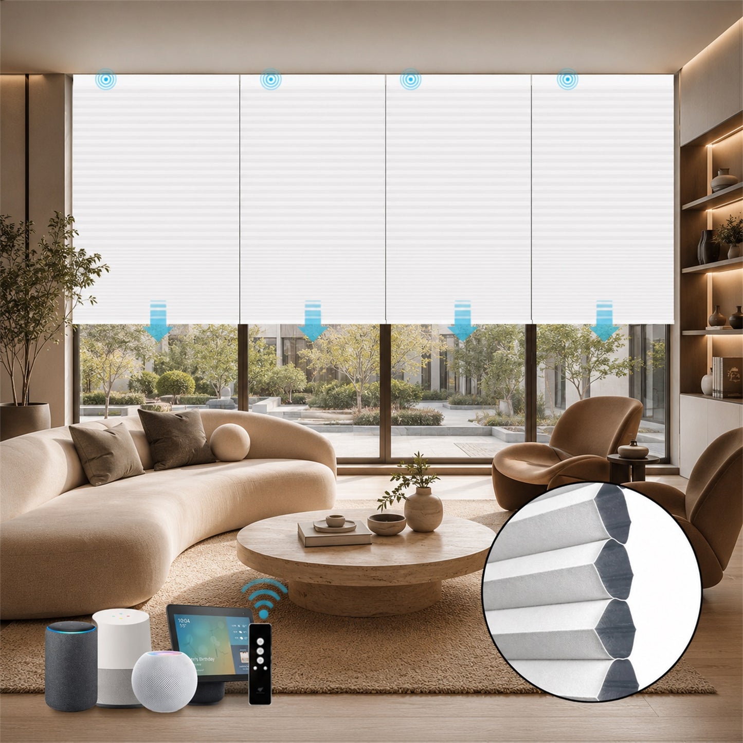 A modern living room scene showing white roller blinds partially drawn across large windows, with furniture including a curved beige sofa, round coffee table, and brown armchairs. A circular inset at the bottom right shows close-up details of the blind slats and track hardware.