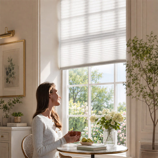 A woman sits at a small round table by a large window with white roller blinds, looking out onto green trees. The room has warm cream walls, framed artwork, a vase of white flowers, and potted plants.
