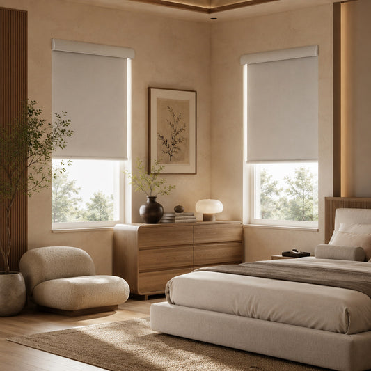Modern Motorized-Roller-Shades at bedroom with beige walls, furniture, and decor.