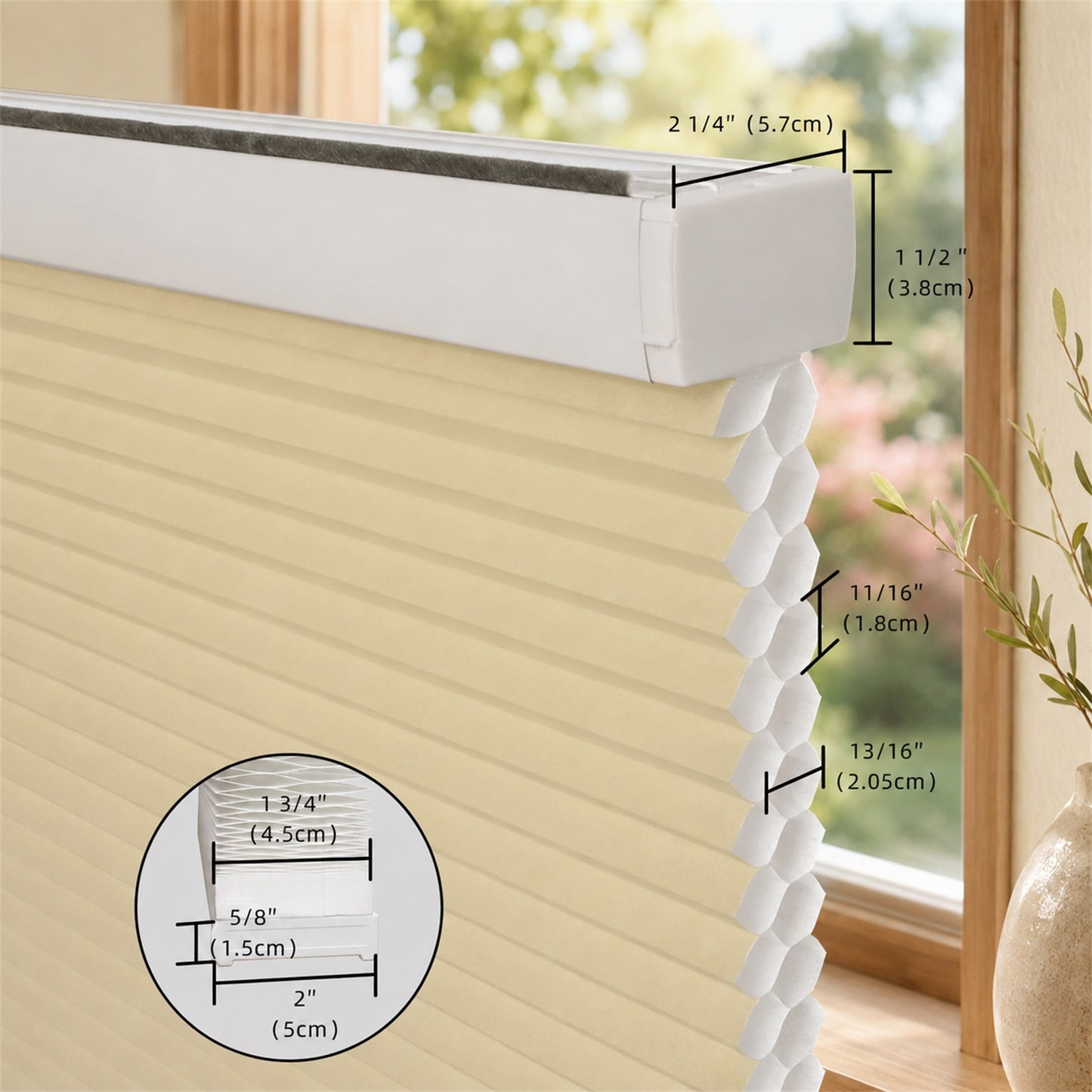 Cellular roller shade shown in a window with dimension callouts and an inset detail of the fabric layers. The shade is a warm cream/beige color and the header rail is white.
