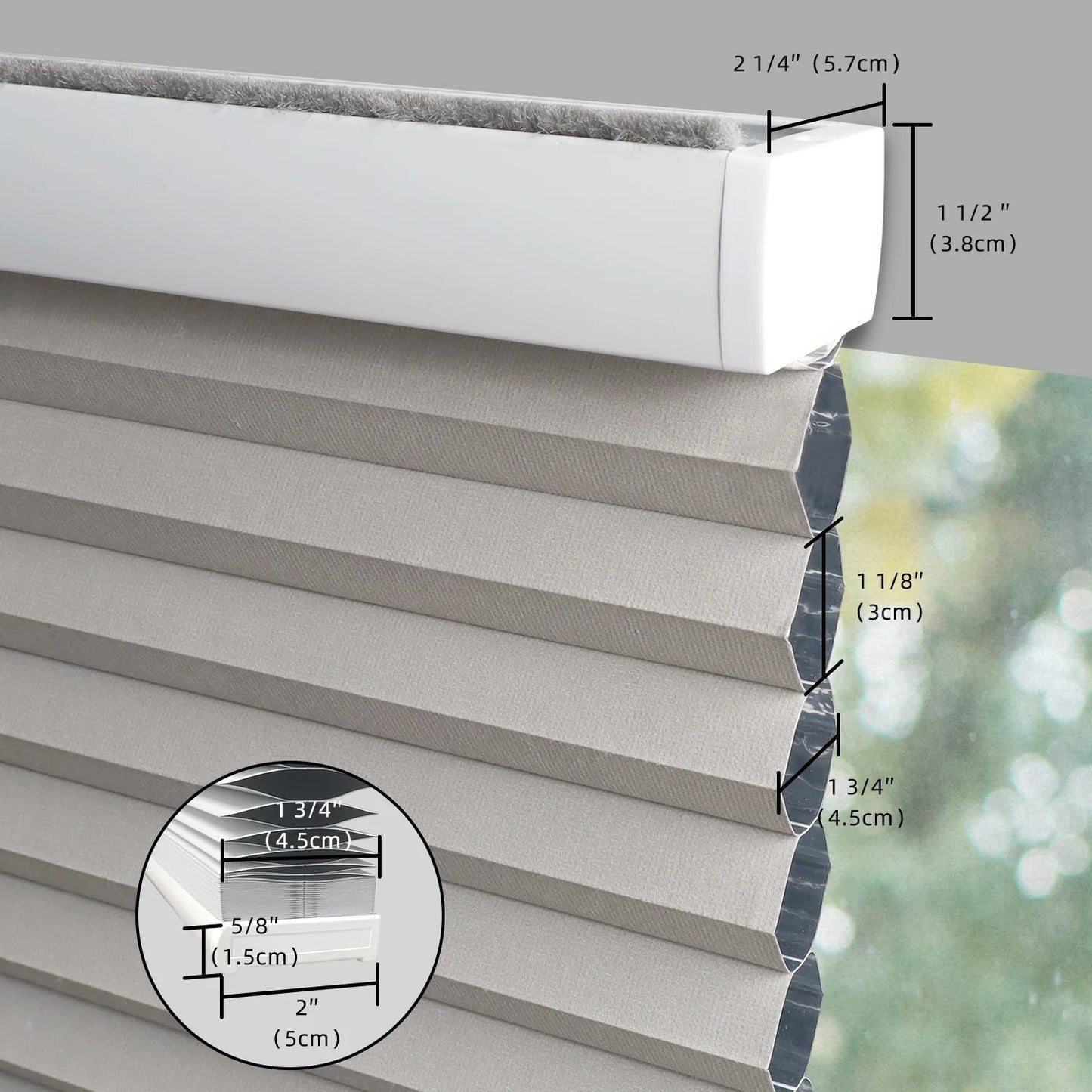 Close-up of a gray pleated window shade with overlaid dimension labels showing the width, height, and pleat thickness, plus a circular inset detail of the fabric layers.