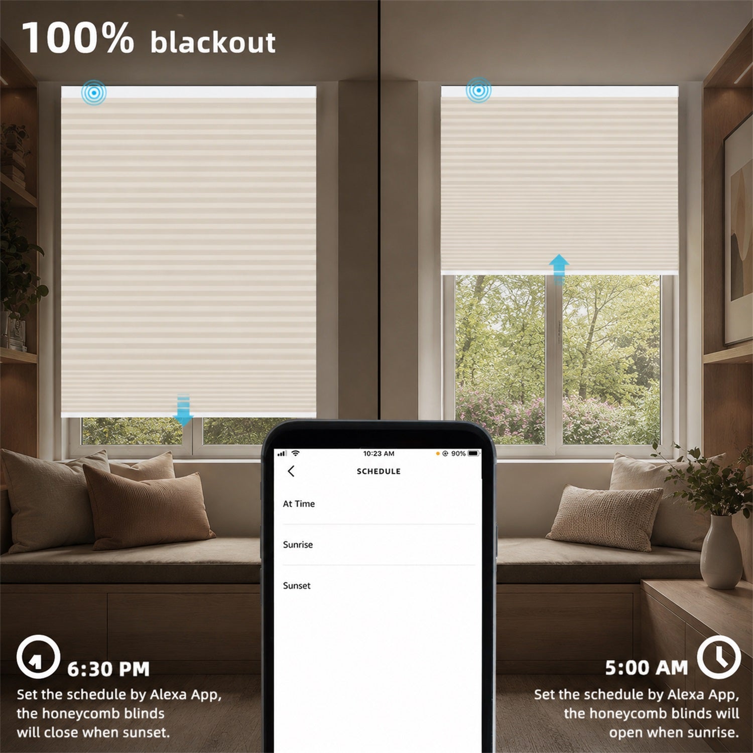 Honeycomb window blinds shown in a split-screen lifestyle mockup of a living room, demonstrating a 100% blackout feature. The top half shows the blinds closed, and the bottom half shows them partially open.