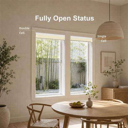 A lifestyle interior scene showing a pair of white double-paned windows with partially rolled back top panels, labeled 'Fully Open Status' with callouts for 'Double Cell' and 'Single Cell.' The room has warm beige walls, a wooden dining table and chairs, a hanging pendant light, plants, and a light wood cabinet.