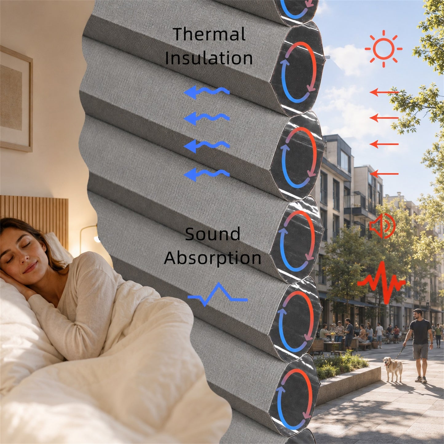 A stack of gray acoustic wall panels shown with explanatory callouts for thermal insulation and sound absorption, overlaid on a bedroom scene with a sleeping woman and a city street scene with red arrows and icons.