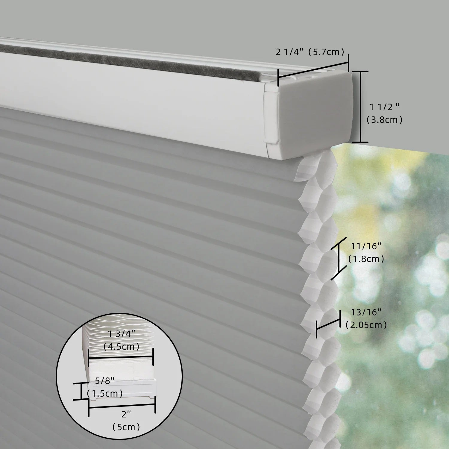 Close-up of a window blind with measurement details on a gray background