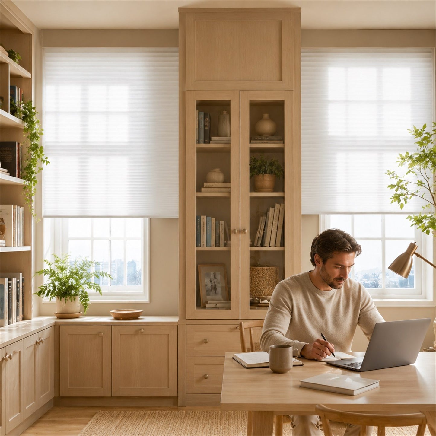 A man sits at a wooden desk in a bright, modern home office, working on a laptop. The room features light oak wood cabinetry, bookshelves, and window blinds, with a warm, natural aesthetic.