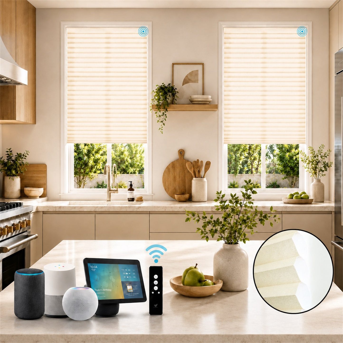 Beige roller blind smart home system shown in a modern kitchen setting, with two windows featuring the blinds, a smart display screen, and a circular inset showing the blind texture detail.