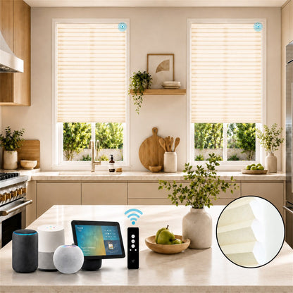 Beige roller blind smart home system shown in a modern kitchen setting, with two windows featuring the blinds, a smart display screen, and a circular inset showing the blind texture detail.