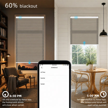 Two interior room scenes showing window blinds partially drawn, with a smartphone in front displaying a schedule screen. Text reads '60% blackout' and includes scheduling examples with Alexa App.