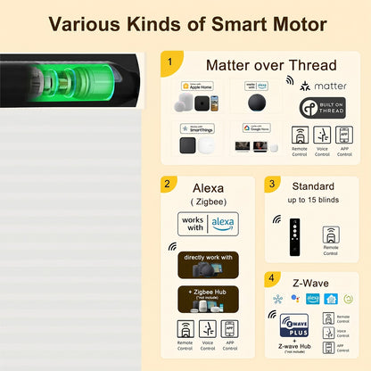An infographic titled 'Various Kinds of Smart Motor' showing a close-up of a smart motor on the left and four application examples on the right: Matter over Thread, Alexa (Zigbee), Standard (up to 15 blinds), and Z-Wave. The background is a light beige wood grain texture.