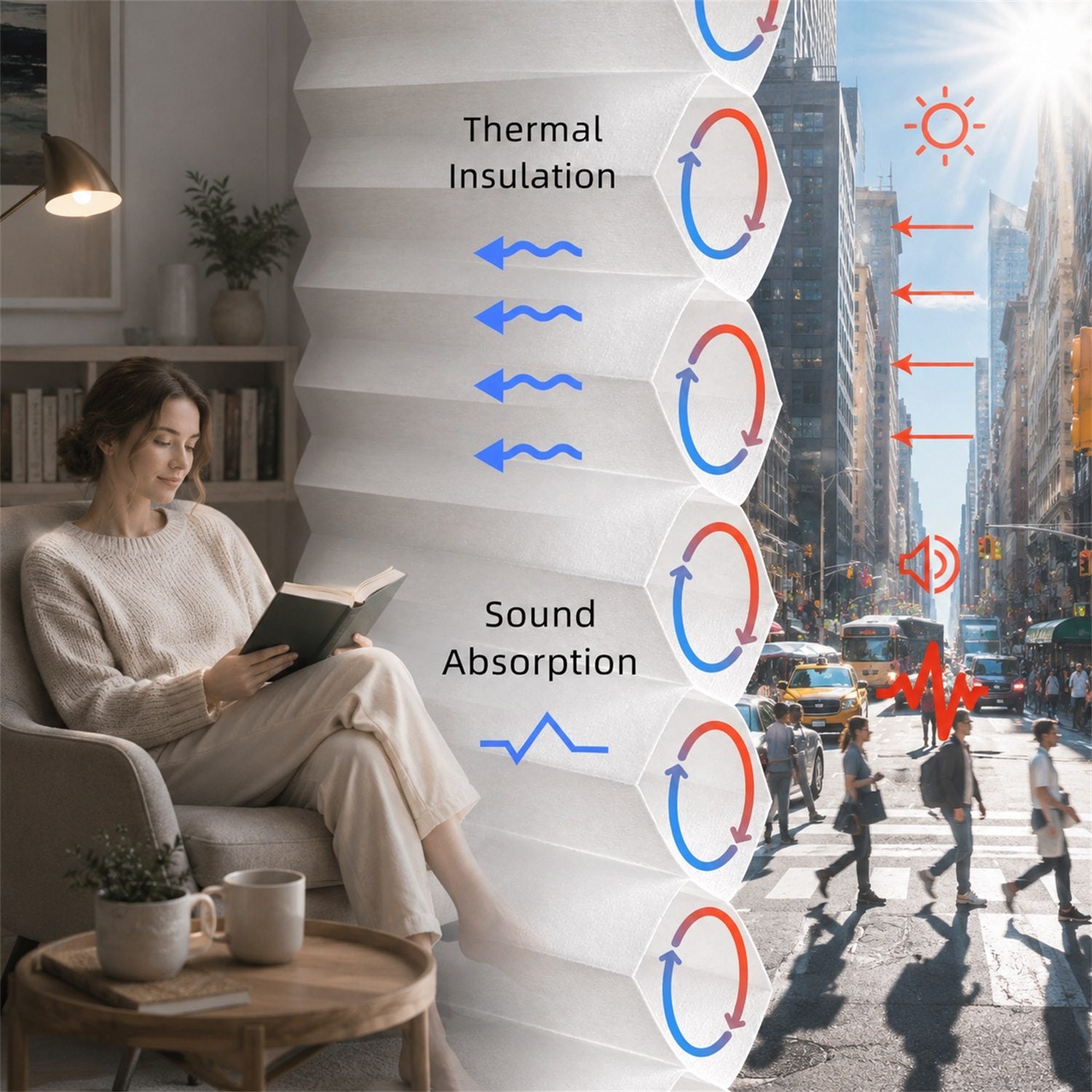 A white wavy wall panel product is shown in a split lifestyle context: on the left, a woman reads in a cozy room while the panel is installed behind her; on the right, a city street scene demonstrates thermal insulation and sound absorption with red arrows, sun rays, and sound wave graphics overlaid.
