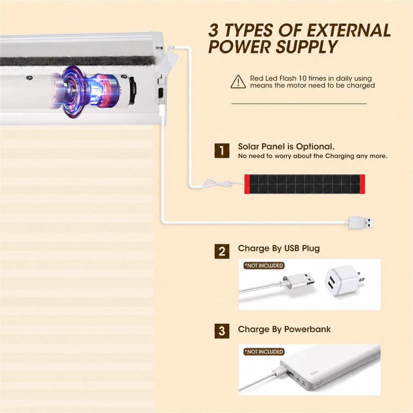 An informational graphic titled '3 TYPES OF EXTERNAL POWER SUPPLY' showing a white outdoor light fixture with a glowing purple-blue LED lens, connected via white cable to charging options: a solar panel, a USB plug, and a power bank. Text explains that the red LED flash is used daily and the motor needs charging.