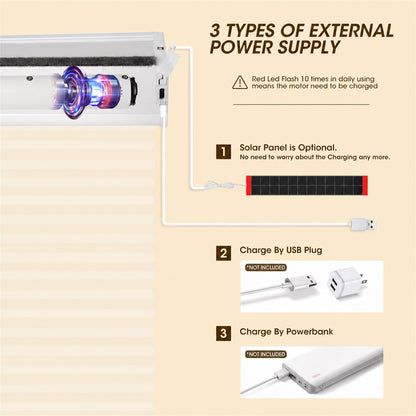 An informational graphic titled '3 TYPES OF EXTERNAL POWER SUPPLY' showing a white outdoor light fixture with a glowing purple-blue LED lens, connected via white cable to charging options: a solar panel, a USB plug, and a power bank. Text explains that the red LED flash is used daily and the motor needs charging.