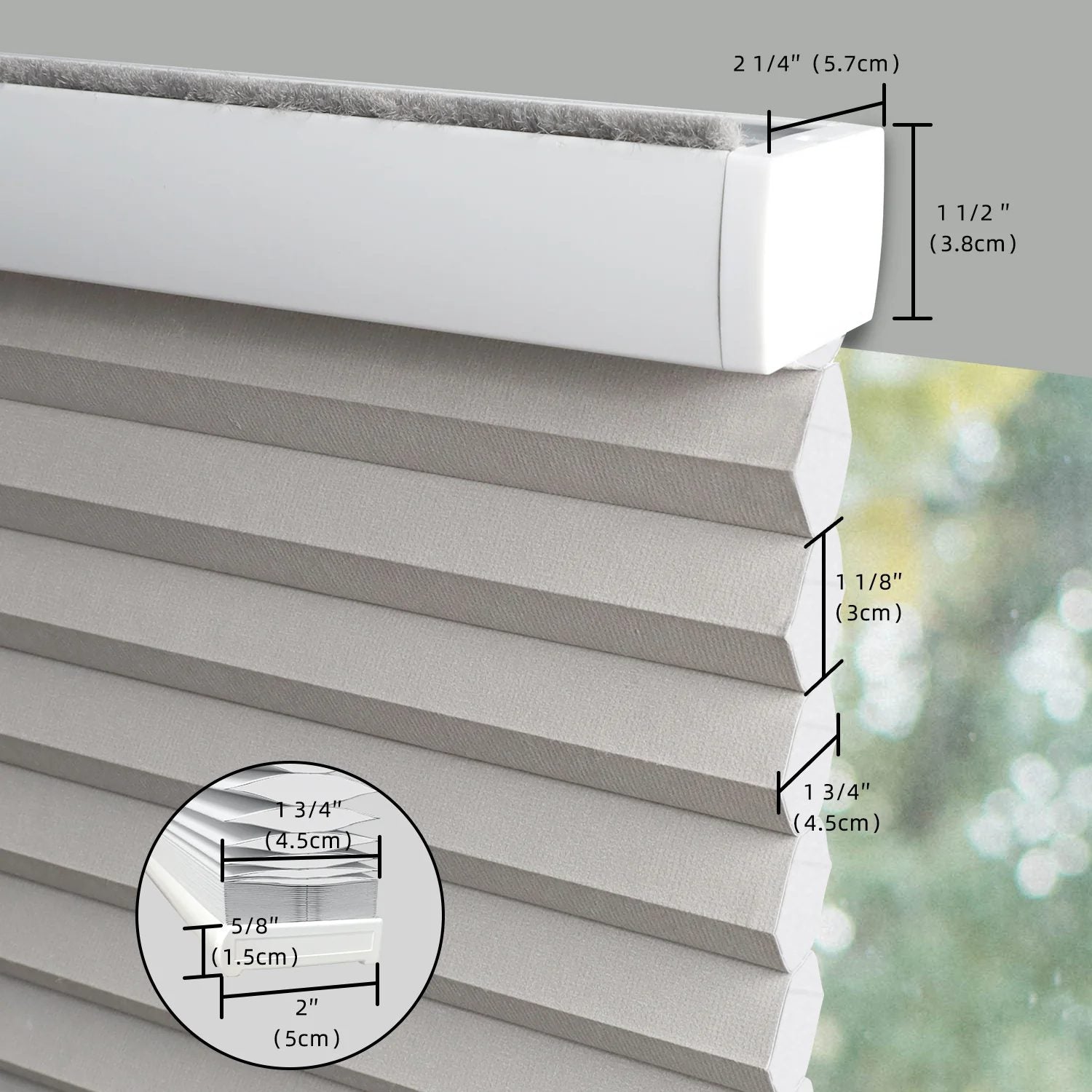 Gray blinds with measurements indicated, showing a close-up detail.